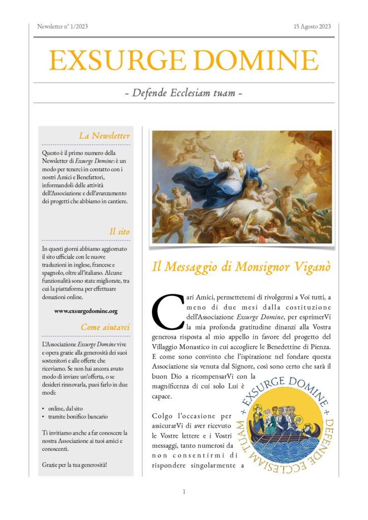 Copertina newsletter N° 1/2023 — Il Messaggio di Monsignor Viganò